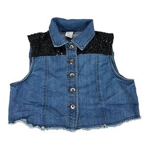 Weissman Women's Denim Vest With Sequin Shoulders & Frayed Hem Size S